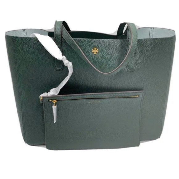 NWT TORY BURCH BLAKE TOTE IN JITNEY GREEN LEATHER SHOULDER BAG POUCH - Picture 9 of 9